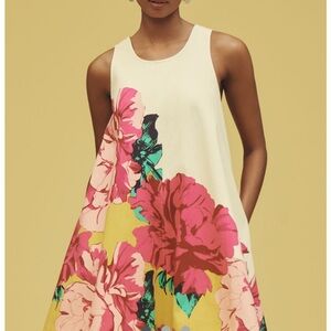 AnthropologieSleeveless  Floral A-Line Dress with Pink Bloom Print. Oversized.